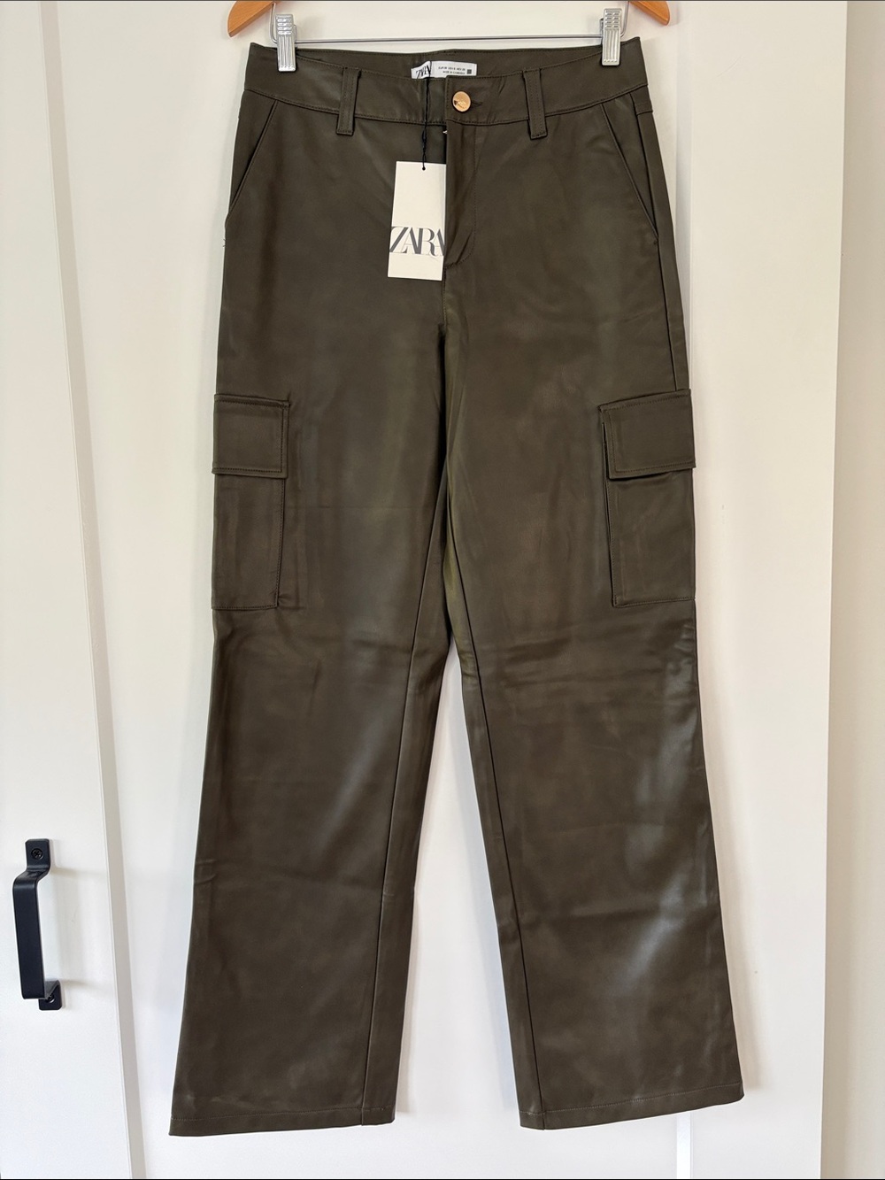 Zara Olive Cargo Faux-Leather Trousers